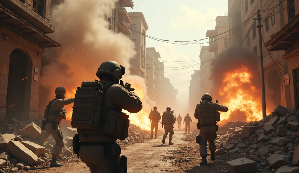 "A cinematic war zone with intense firefights, explosions, and a chaotic atmosphere, representing a 'free fire zone', ar 16:9"