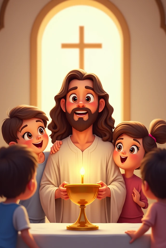 jesus in cartoon drawing with eucharist and chalice on altar few ren cute eye