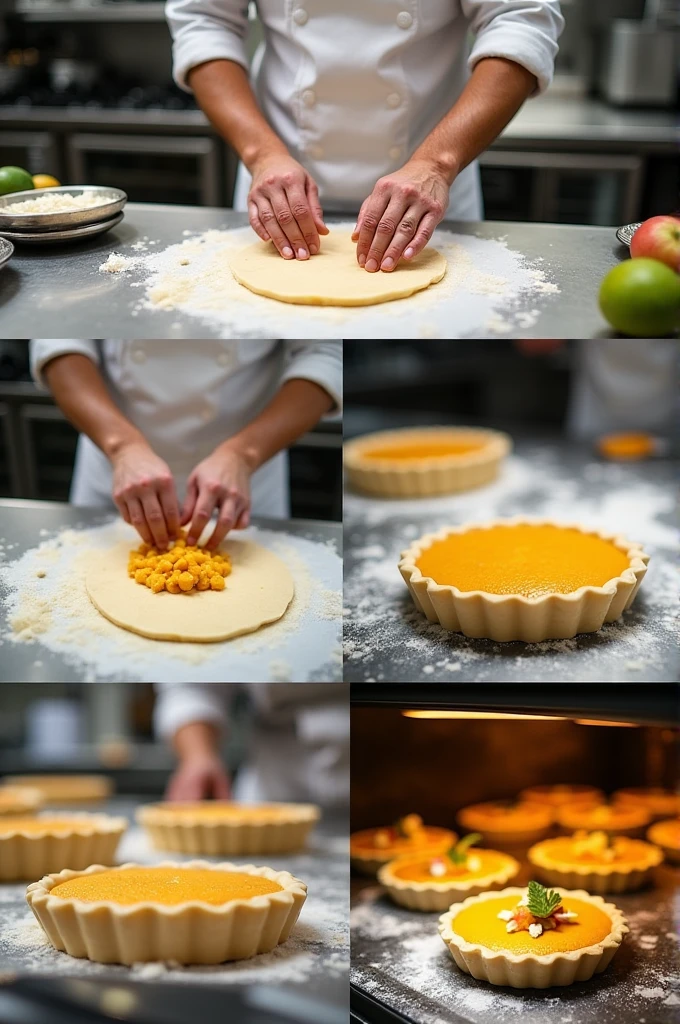 "Images of the process of making guava pies in a professional kitchen. Include a chef kneading the dough, placing the guava filling on the dough, putting the pies in the oven and decorating them with final details. The kitchen should look clean and tidy, with visible utensils and ingredients."