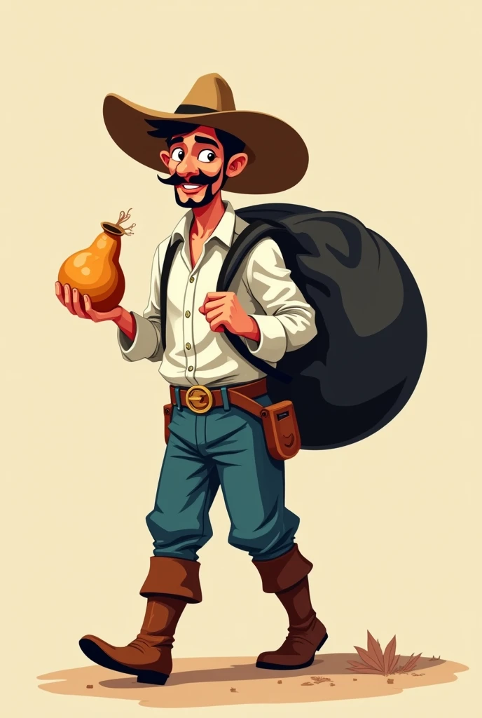 Make a white ethnic gaucho, with a big, heavy black bag in one hand and a chimarrão gourd in the other, cartoon style