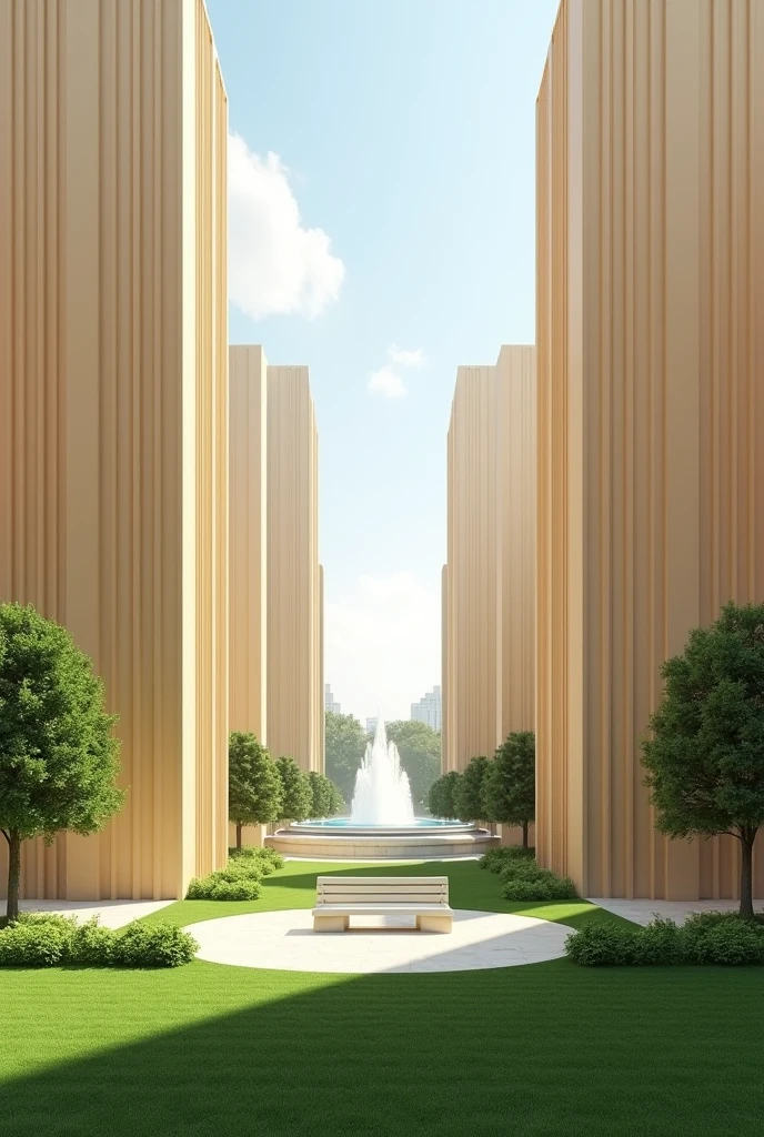 Image of two tall building of color beige and should be separated by spaces more in between. The floor should be filled with green grass.Add a white park bench in the middle and a fountain behind bench and skies and other buildings should be visible in between the building 