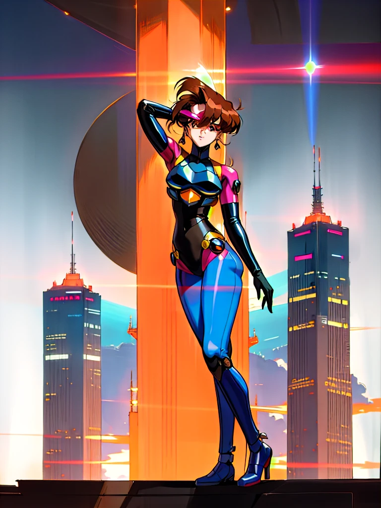 Kenichi Sonoda, retro art-style, 90s Japanese Anime Style, "bubblegum crisis", Sci-fi, Cyberpunk, Neon, Dystopia, (In the neon-drenched skyline of Mega Tokyo's towering skyscrapers, Priss, a stunning 20-year-old anime beauty, stands solo on the spire of a gleaming high-rise, bathed in the radiant glow of the full moon. Her striking features are accentuated by her dark blue metal hard suit adorned with vibrant orange lines, inspired by Syd Mead's industrial mechanic design. Her brown medium-length hair frames her sharp-eyed gaze, as she smizes confidently at the viewer. With fearless determination etched on her face, Priss stands tall on tiptoes, her entire being exuding an aura of cool and stylish elegance. The smooth curves of her shadow cast against the lunar backlight create a mesmerizing silhouette, showcasing her unparalleled beauty under the watchful eye of the city's towering skyscrapers.), The main character, "Priss", 1girl, solo, 20yo, anime beauty,(masterpiece, incredibly absurd resolution, absolutely resolution, ultra high resolution, professional, vivid colors, perfect anatomy, ideal facial features, beautiful detailed face, ideally proportioned figure, perfectly beautiful body),