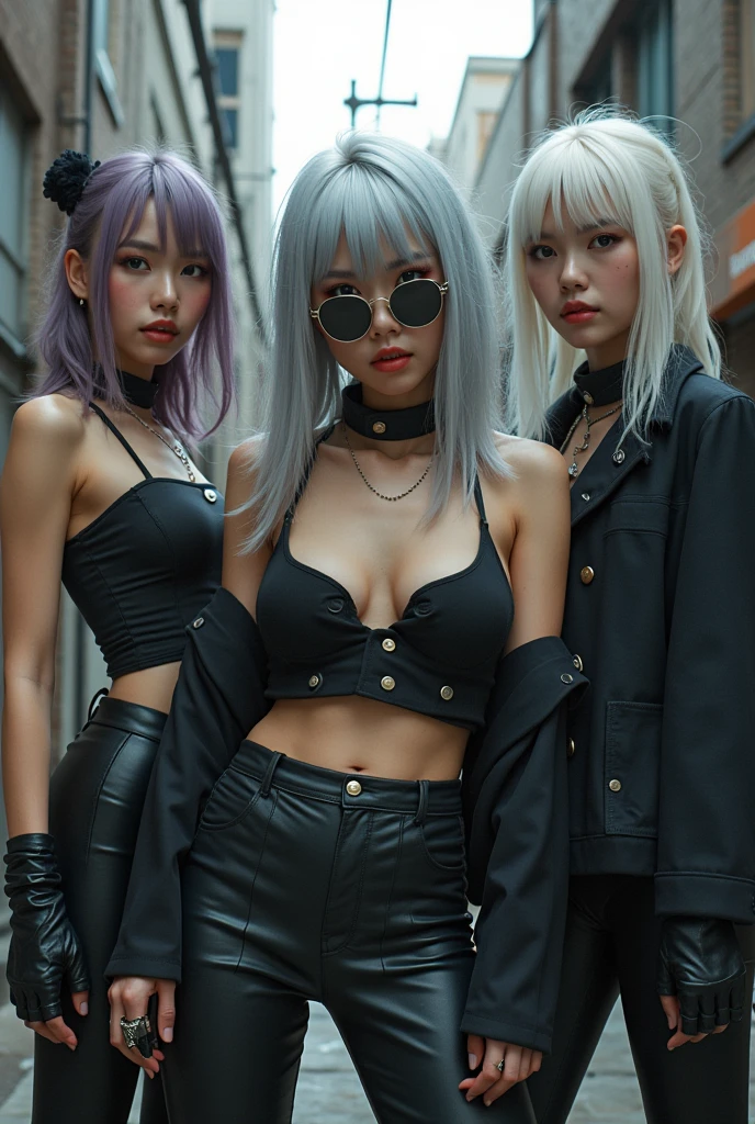 Japanese、Punk Band、Big Breasts、Korean Makeup、Modest clothing、Silver Hair、Round Glasses、