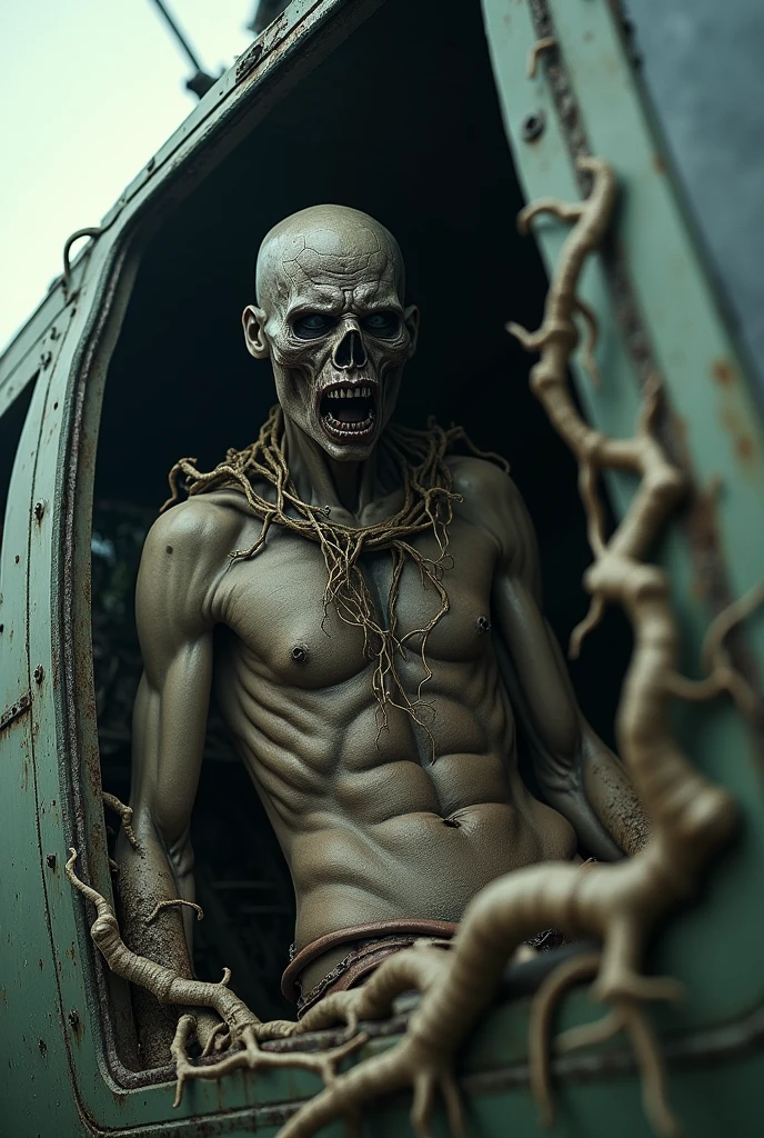 A dead man with some parts root in his body like a zombie inside a rusty and abandoned helicopter, the deceased has a bite on his neck.