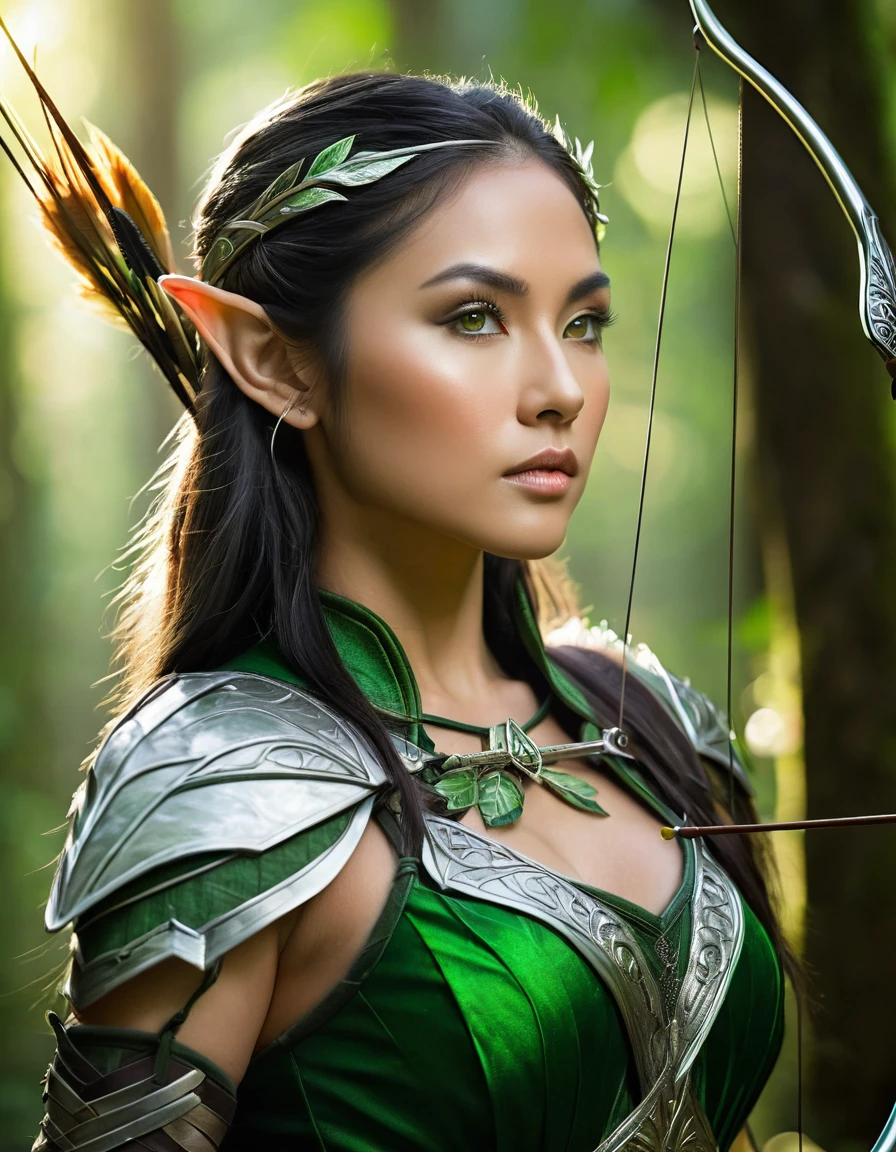 Sexy asian woman, huge breasts, brunette
Create an image of a beautiful archer elf woman standing gracefully in a lush forest. She has long, flowing silver hair that catches the light and delicate, pointed ears. Her piercing green eyes are focused and determined. She wears an intricately designed leather armor with leaf motifs, emphasizing her connection to nature. A finely crafted bow rests in her hand, and a quiver of arrows is slung over her shoulder. The background is a vibrant forest scene with dappled sunlight filtering through the canopy, highlighting the rich green foliage and adding a magical glow to the setting. The overall atmosphere should be one of elegance and strength, capturing the mystical essence of an elf archer in her natural habitat.