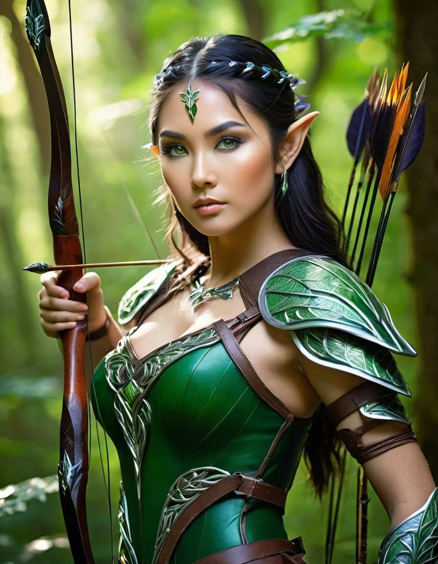 Sexy asian woman, huge breasts, brunette
Create an image of a beautiful archer elf woman standing gracefully in a lush forest. She has long, flowing silver hair that catches the light and delicate, pointed ears. Her piercing green eyes are focused and determined. She wears an intricately designed leather armor with leaf motifs, emphasizing her connection to nature. A finely crafted bow rests in her hand, and a quiver of arrows is slung over her shoulder. The background is a vibrant forest scene with dappled sunlight filtering through the canopy, highlighting the rich green foliage and adding a magical glow to the setting. The overall atmosphere should be one of elegance and strength, capturing the mystical essence of an elf archer in her natural habitat.