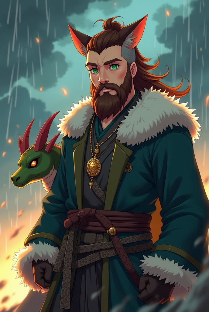 Anime style a cute Viking style man he has samurai style hair shaved on the sides he is wearing cute plush cat ears he has bright green eyes and a long beard with a pendant the scene he is in is a storm his beard is brown next to him a cute dragon with bright green eyes