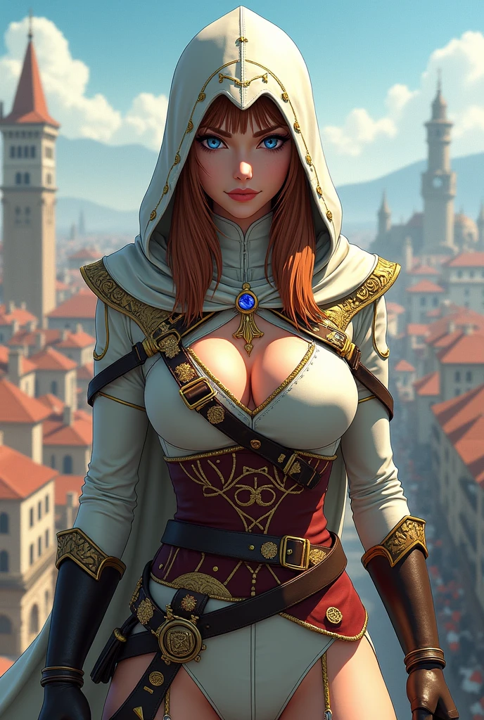 A full-length photo of Princess Zelda, chestnut hair, blue colored eyes, dressed as an Assassin from Assassins Creed, blank+gold with white mask and hood with gold details, XL Bust, using a wrist blade. fund: A city during the Renaissance period. unreal motor 5, アニメ, anime styling, work of art, well drawn eyes, nicely designed face, pretty detailed eyes, well-detailed face, 8k, Light and Shadow Effect.