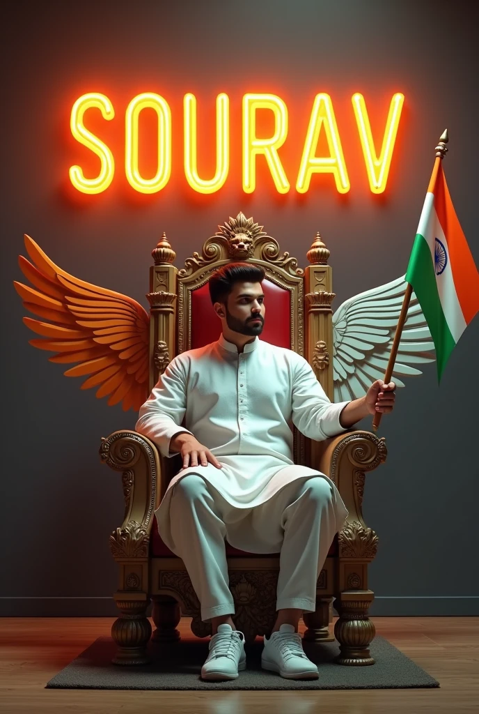 Create a 3D illusion for the profile picture where a 25 year old man in white kurta is sitting comfortably on the chair of the King of Beasts throne. Indian flag in hand And a ferocious lion next to me. Wearing sneakers, he looks ahead. “SOURAV” is written in large, orange neon light font on the dark gray wall in the background. He has no shadow and has Indian Tricolor colored wings 4k