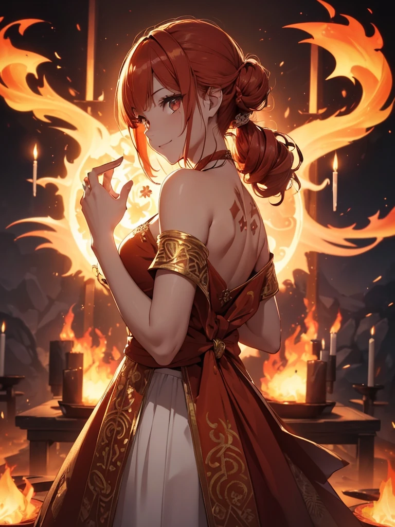 (((best quality, sharp image, clear image, cinematic lighting, 8k resolution, masterpiece, ultra detailed, intricate))) Girl, (((looking over shoulder))), shot from behind, shot from the waist, fire mage, cute, fiery red hair, pigtails in hair, (intricate dress), (white dress), ribbons in hair, smiling, fiery red, ((intricate Portal background)), ((fire magic)), candles, ((glowing runes on skin)), (flame patterns), ((fiery lotus flowers)), busy background., ((fire sigils))