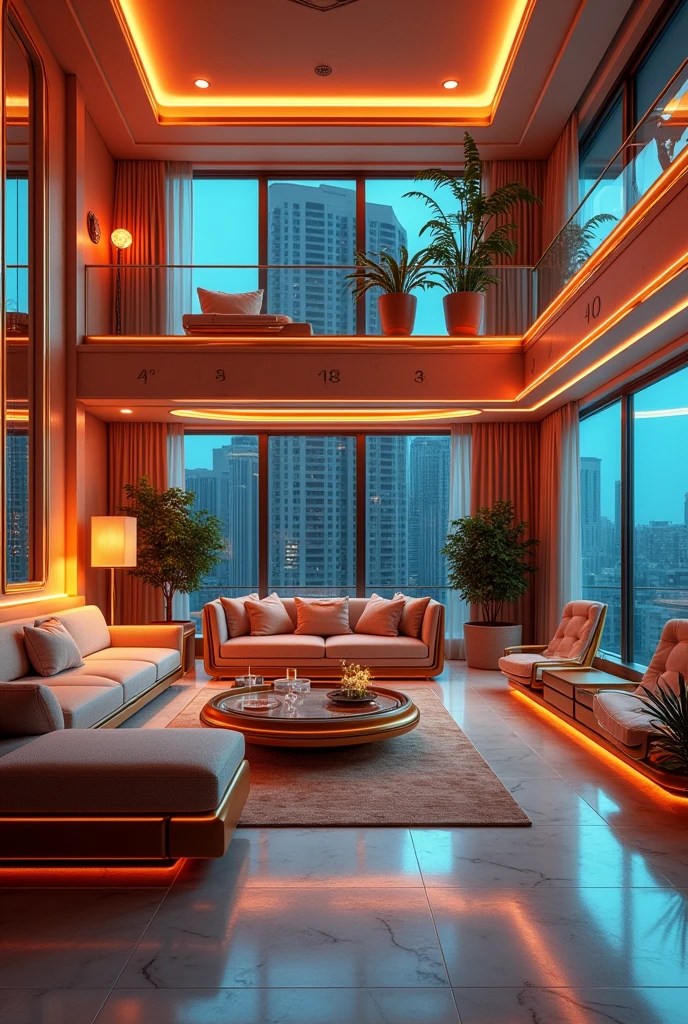 Apartment Interior, studio apartment, kitchen, bathroom, bedroom, living room, stylized furniture, art deco furniture, art deco furnishings,neon lights ,art deco design,streamline moderne,futuristic architecture, Abstraction, classical style, modern style,Luxury and Luxury,Future night view,Futuristic decorative elements,Metallic,number line,sci-fi lamp,Virtual Engine,Unreal rendering, neon lights, greenery, balcony.