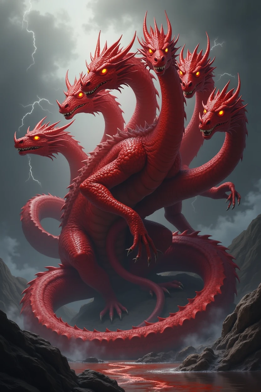 scarlet dragon with seven heads