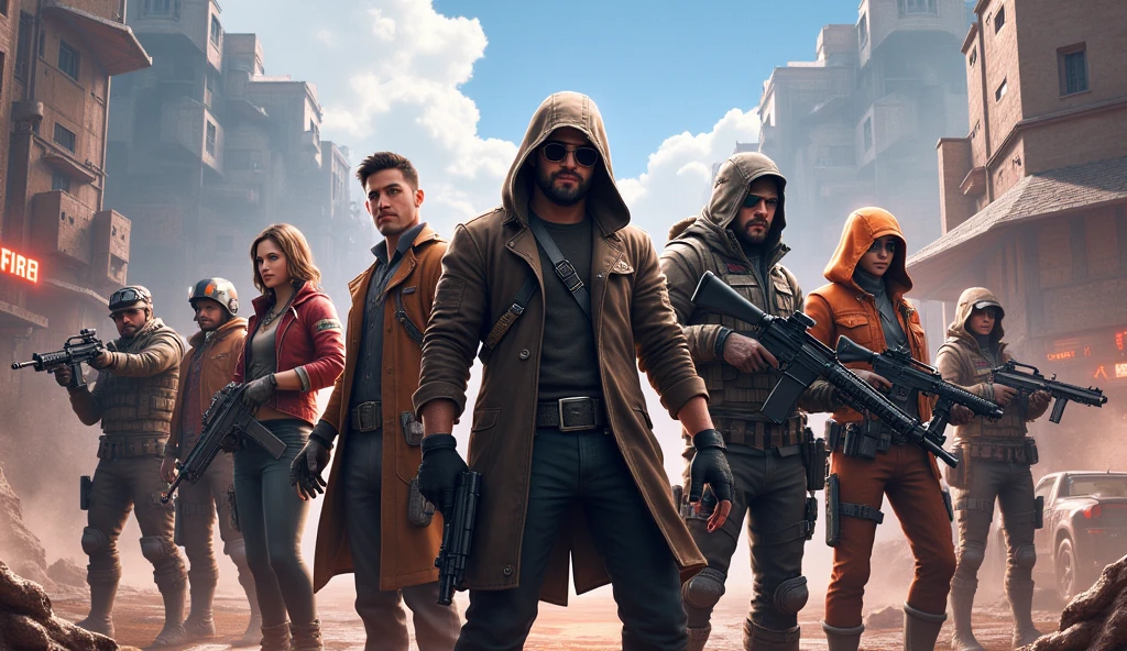 "A lineup of diverse Free Fire characters, each showcasing their unique abilities, set against a dynamic battlefield backdrop, ar 16:9"