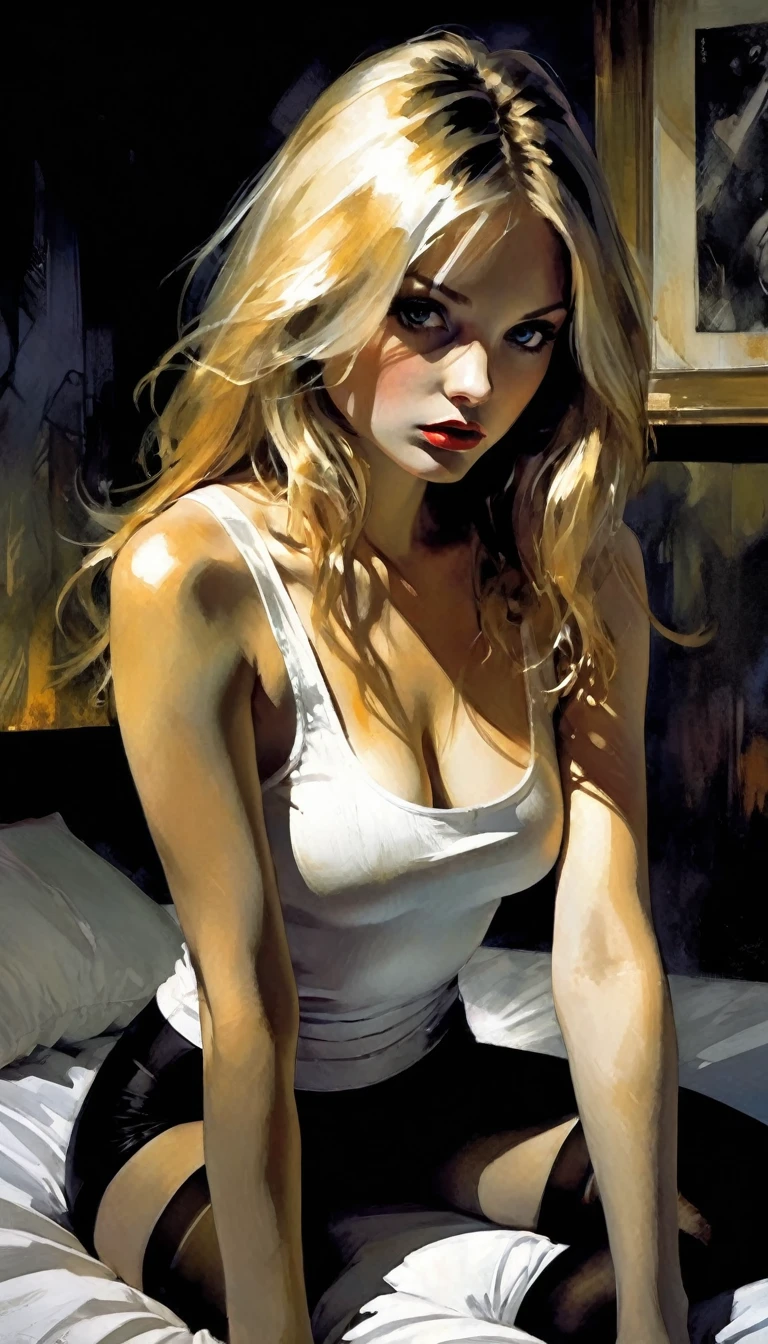 very sexy girl, blonde with long hair, small breasts, wearing a very tight white tank top, panties, stockings, very sexy, in bed, looking at us provocatively, eroticism, sexy, black and white image, between shadows, painting oil, chiaroscuro, sensual, spectacular lighting, moody atmosphere, photorealistic, intricate details, masterpiece, ultra-detailed, high quality, 8k, best quality, realistic, cinematic, dark and brooding, expressionist, powerful composition, emotional impact, art inspired by Bill Sienkiewicz