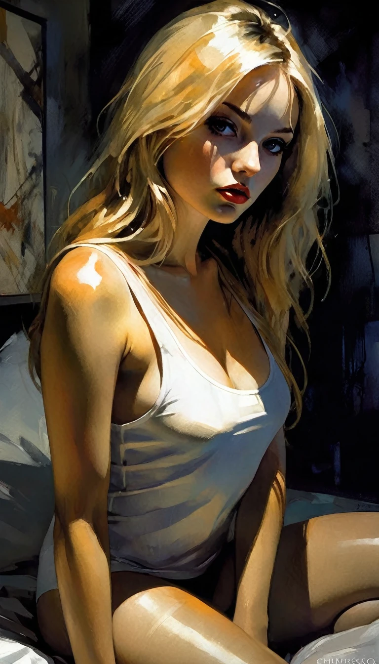 very sexy girl, blonde with long hair, small breasts, wearing a very tight white tank top, panties, stockings, very sexy, in bed, looking at us provocatively, eroticism, sexy, black and white image, between shadows, painting oil, chiaroscuro, sensual, spectacular lighting, moody atmosphere, photorealistic, intricate details, masterpiece, ultra-detailed, high quality, 8k, best quality, realistic, cinematic, dark and brooding, expressionist, powerful composition, emotional impact, art inspired by Bill Sienkiewicz
