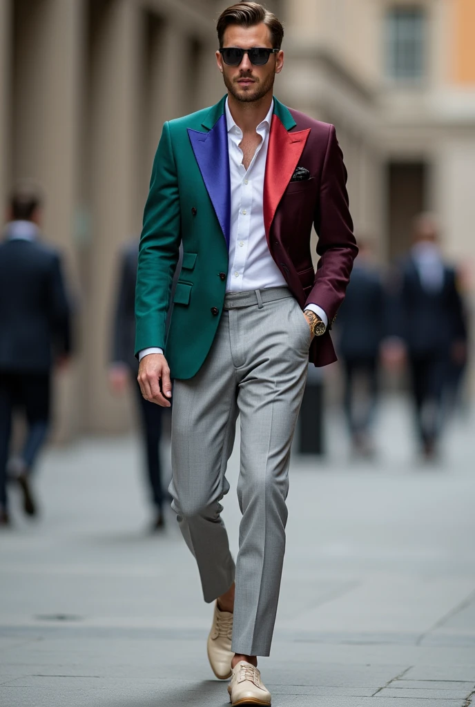 a light grey suit pants, with a colored jacket
