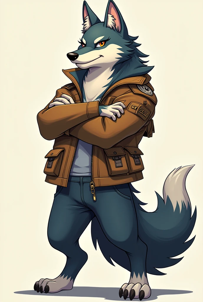 Animated wolf standing, crossing hand, pose tilted  45 degree to the side, anime style, wearing pocket ful jacket