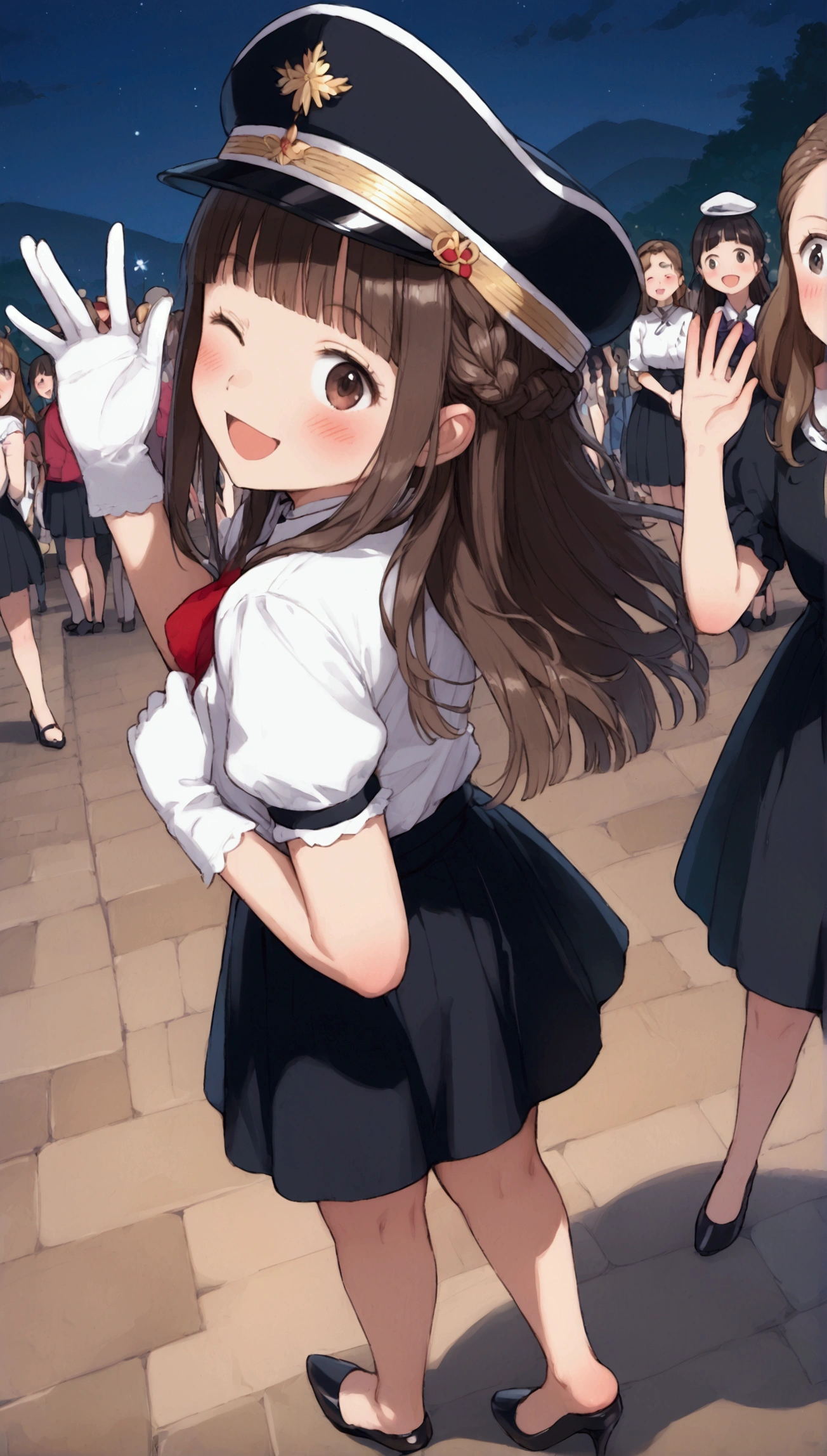 {Highest quality}, {Super beautiful},{Ultra fine},{Best illustration},Brown Hair,Hime cut,long hair,Braid,One woman,Standing Woman,Strike a pose,Adult women,smile,Excited face,Wink,Uniform cap,White Shirt,Short sleeve,long black skirt,White gloves,Night Festival,Blushing,Slender,Black high heels,barefoot,From an angle,From behind,Woman with closed legs,Waving with one hand,Back view