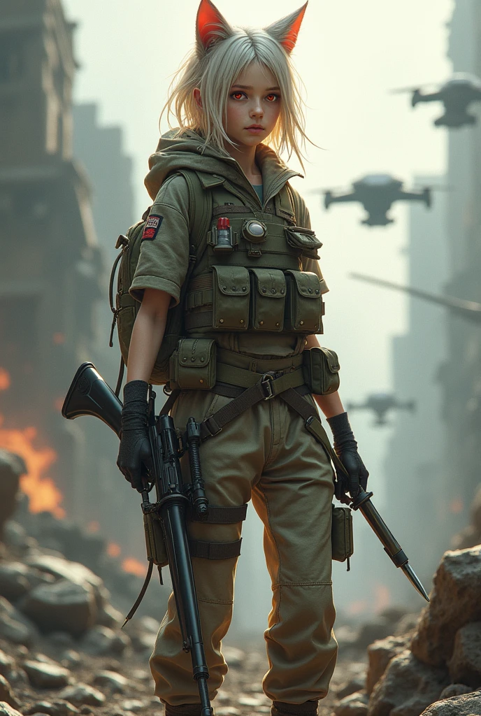 ((Best Quality)), ((masterpiece)), (detailed), (original), (realist), Girl, fire red eyes, cat ears, soft smooth skin, boca Girl, pink, glow, parts, introvert, shy, angelic, experience, Whole body, pants with belt, vest with cartridges and bullets, pistol belt on leg, knife, Military equipment, camouflage shirt, Details, bulletproof vest, black boots, survivor, war ruins background, dystopian, textura refinada glow, costume weapon rifle sniper, super long gun with telescopic sight, Drones flying, camera, high caliber bullets, camouflage clothing, blonde and ash locks of hair, combat potion, evasion, gloves, schoolbag, upper rank, Elite, armored vehicles, helicopters, canteen, bee style,