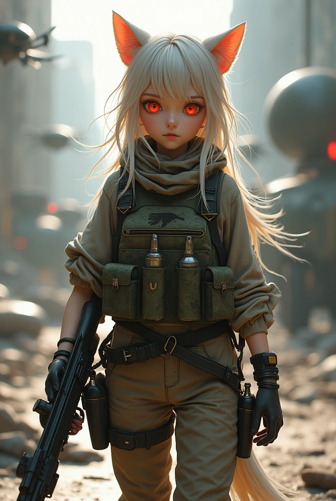 ((Best Quality)), ((masterpiece)), (detailed), (original), (realist), Girl, fire red eyes, cat ears, soft smooth skin, boca Girl, pink, glow, parts, introvert, shy, angelic, experience, Whole body, pants with belt, vest with cartridges and bullets, pistol belt on leg, knife, Military equipment, camouflage shirt, Details, bulletproof vest, black boots, survivor, war ruins background, dystopian, textura refinada glow, costume weapon rifle sniper, super long gun with telescopic sight, Drones flying, camera, high caliber bullets, camouflage clothing, blonde and ash locks of hair, combat potion, evasion, gloves, schoolbag, upper rank, Elite, armored vehicles, helicopters, canteen, bee style,