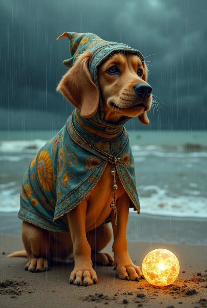 Scoobdoo dog dressed as Pricila snail of the desert, nervous on the beach raining with storm doing voodoo for the sun to appear