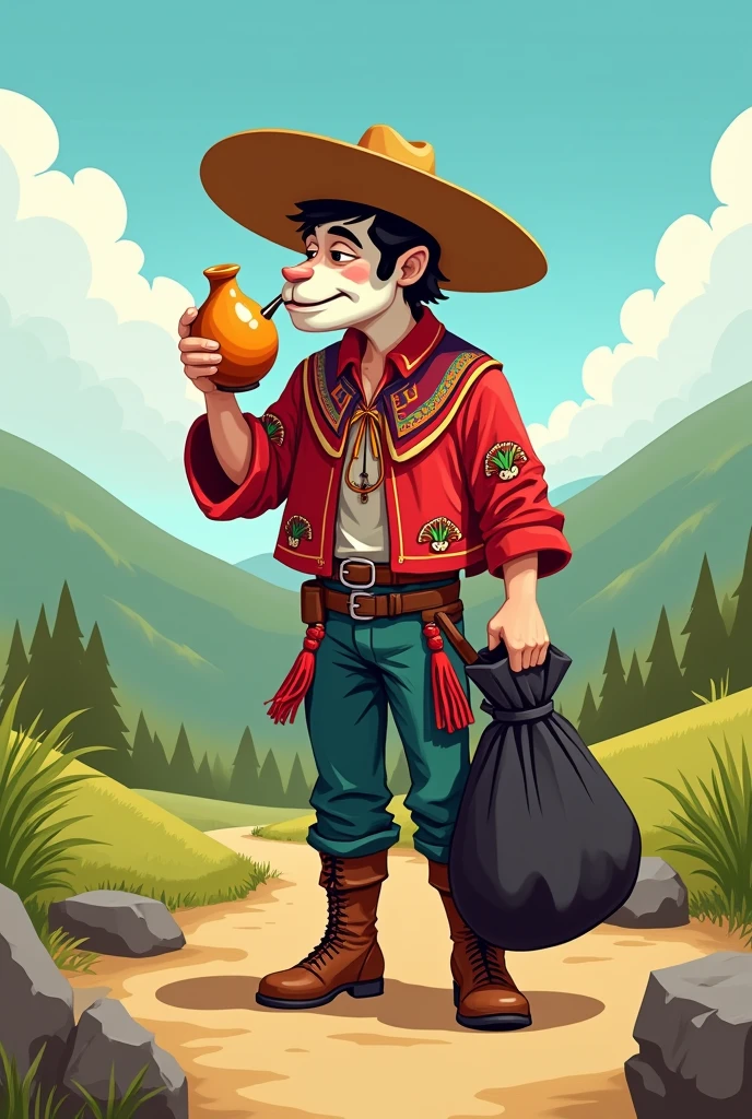 Make a white ethnic gaucho, with a big, heavy black bag in one hand and drinking chimarrão in the other, cartoon style