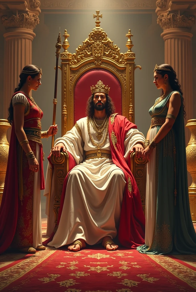 A Persian King sitting on his golden throne with a Scepter in his hand, and a queen with her royal robes and her crown on her head in front of the throne In a large luxurious hall with carpets Persian vases of gold add two soldiers each on the king's side with spears.