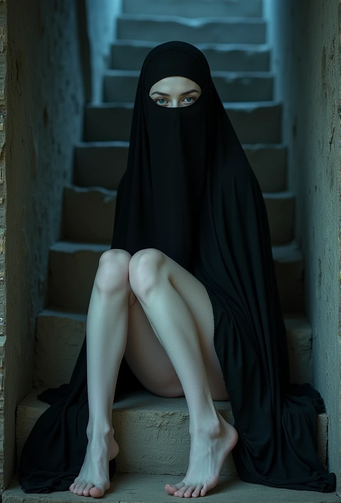 Body portrait of a very childish pale ultra-thin 18 year old mortal with a veil in the syle of a niqab covering her face. She is sitting on a stairs and opens her legs showing her crotch, Arabic style model.nude,erotic, nasty, medium and perfect breasts.she is a gothic necromancer with long waisted hair silky smooth, very flat belly, ultra slim, very thin, disfigured body, completely torn, ultra narrow face, alabaster skin, pale as a corpse, bright blue eyes, ultra thin face, innocent appearance, in a gloomy crypt, lascív, kindlich, unschuldig, infantile, verführerisch, funny, wispy, bright blue eyes, ghostly, dead, evil, demonic, undead, dark, grotesque, mysterious, dark, cold ambient lighting, extremely detailed, fantasy, medieval setting