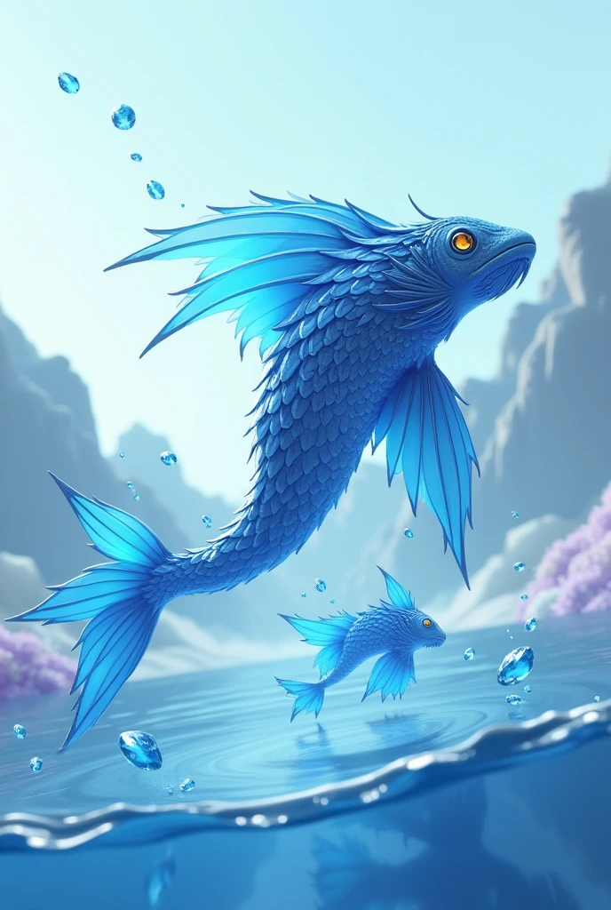 Create a 3D stylized design for 'Cascade,' a fish-like creature with water elemental powers. The art style should mirror the modern, sleek aesthetic of the SOLMON logo, focusing on detailed scales and glowing water accents. Cascade should be depicted in a swift, swimming pose, with water ripples integrated into its design. The background should feature minimalistic digital waves and aquatic elements, ensuring a clean, flowing composition.