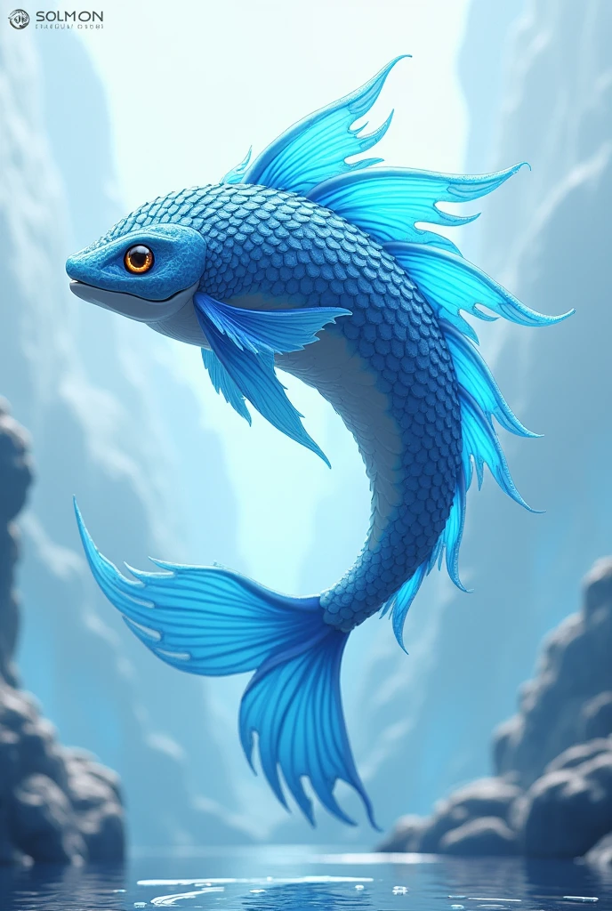 Create a 3D stylized design for 'Cascade,' a fish-like creature with water elemental powers. The art style should mirror the modern, sleek aesthetic of the SOLMON logo, focusing on detailed scales and glowing water accents. Cascade should be depicted in a swift, swimming pose, with water ripples integrated into its design. The background should feature minimalistic digital waves and aquatic elements, ensuring a clean, flowing composition.