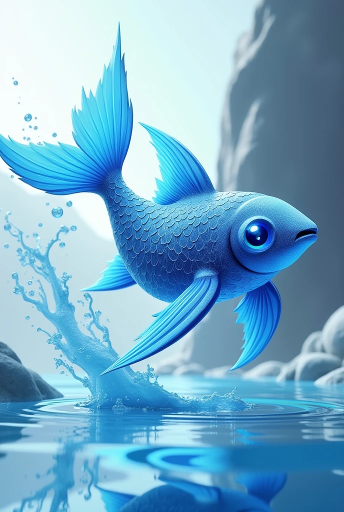 Create a 3D stylized design for 'Cascade,' a fish-like creature with water elemental powers. The art style should mirror the modern, sleek aesthetic of the SOLMON logo, focusing on detailed scales and glowing water accents. Cascade should be depicted in a swift, swimming pose, with water ripples integrated into its design. The background should feature minimalistic digital waves and aquatic elements, ensuring a clean, flowing composition.