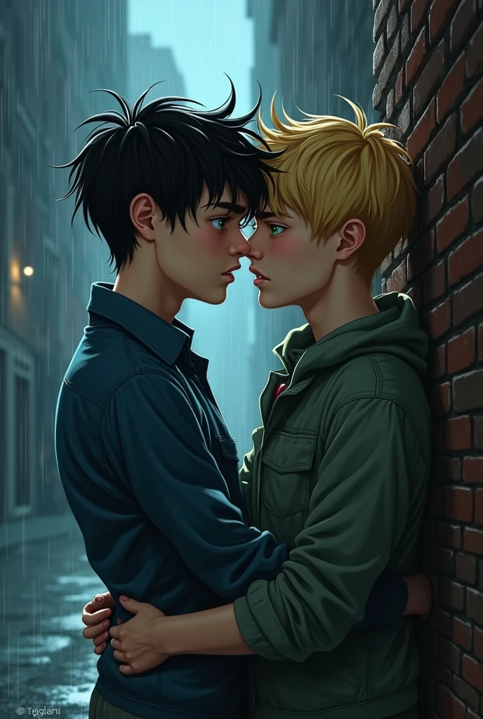 Create an image of two boys kissing in the rain in the middle of the night. One of the boys must be black hair with blue eyes. And have an expression a little scared but full of passion. You have to be leaning against a wall, for the other boy. The other boy must be blonde, green eyes, with a seductive boy expression. The image should be an illustrated drawing for a book..