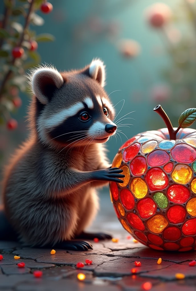 A captivating, conceptual photograph of an adorable baby raccoon, with extra fluffy fur and large, expressive eyes, sitting beside a mesmerizing mosaic art piece. The raccoon appears to be captivated by the magical ambiance of the art piece, which features a stunning array of colorful glass apples. These apples are meticulously crafted from tiny tiles, creating a vibrant and textured surface that contrasts with the soft fur of the raccoon. The background of the photograph is a harmonious blend of colors and patterns, adding depth to this surreal, 3D rendered scene. The overall atmosphere is enchanting, evoking a sense of childlike wonder and imagination., photo, conceptual art, 3d render