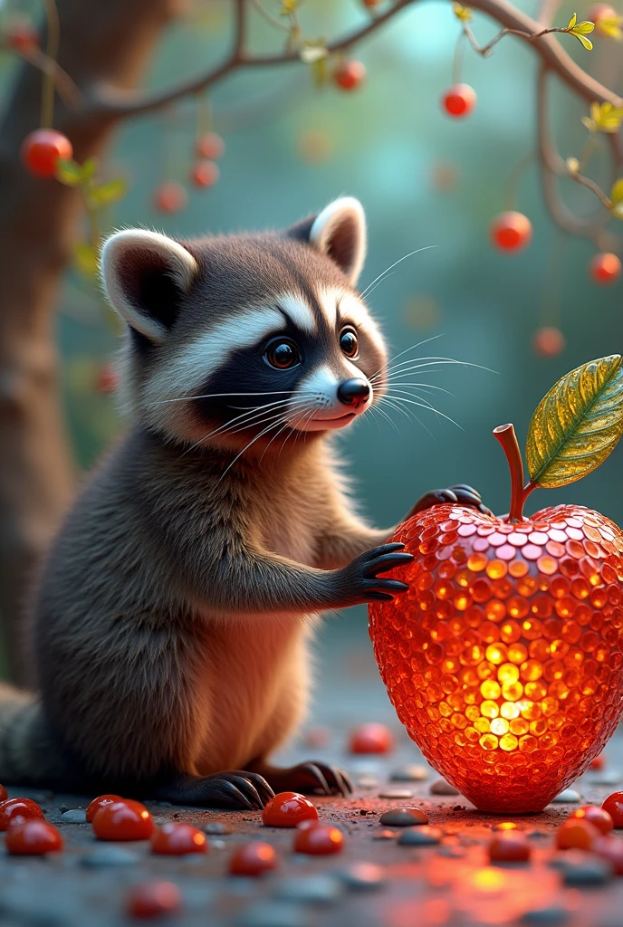 A captivating, conceptual photograph of an adorable baby raccoon, with extra fluffy fur and large, expressive eyes, sitting beside a mesmerizing mosaic art piece. The raccoon appears to be captivated by the magical ambiance of the art piece, which features a stunning array of colorful glass apples. These apples are meticulously crafted from tiny tiles, creating a vibrant and textured surface that contrasts with the soft fur of the raccoon. The background of the photograph is a harmonious blend of colors and patterns, adding depth to this surreal, 3D rendered scene. The overall atmosphere is enchanting, evoking a sense of childlike wonder and imagination., photo, conceptual art, 3d render