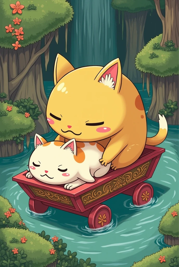 Japanese folklore Kapa carrying a sleeping cat on a palanquin