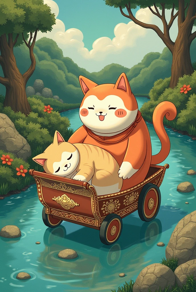 Japanese folklore Kapa carrying a sleeping cat on a palanquin