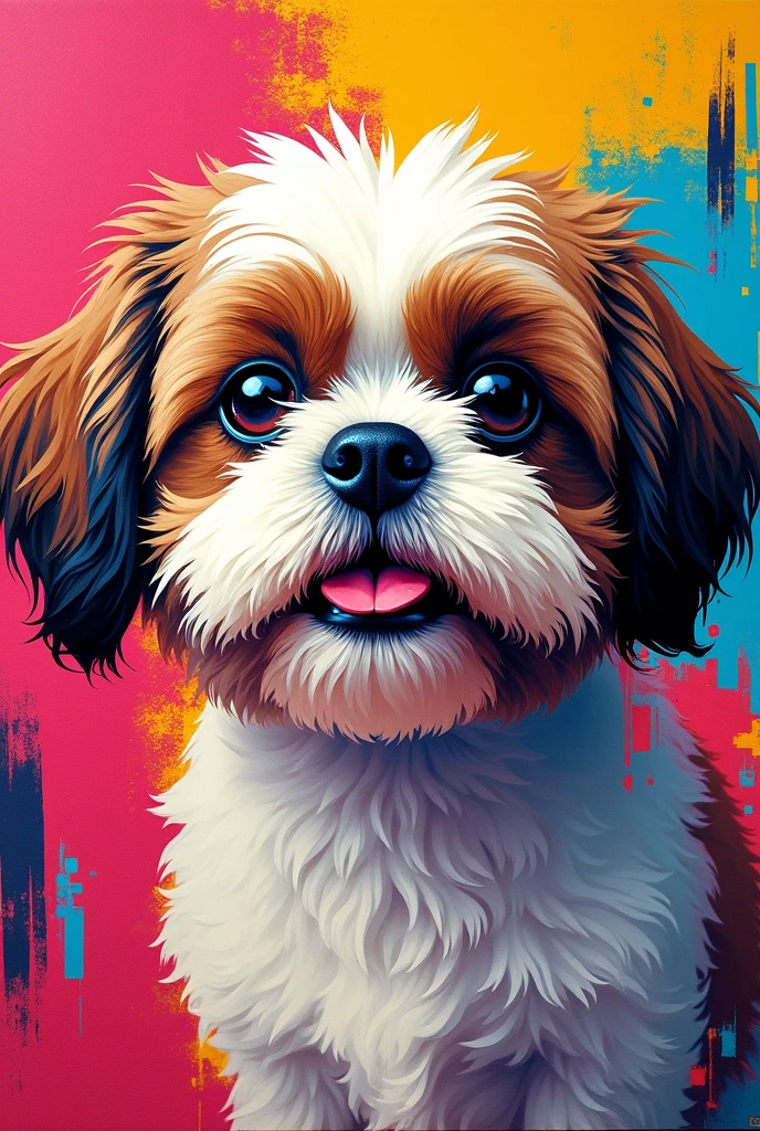 A pop art style painting with the face of a Shih Tzu dog