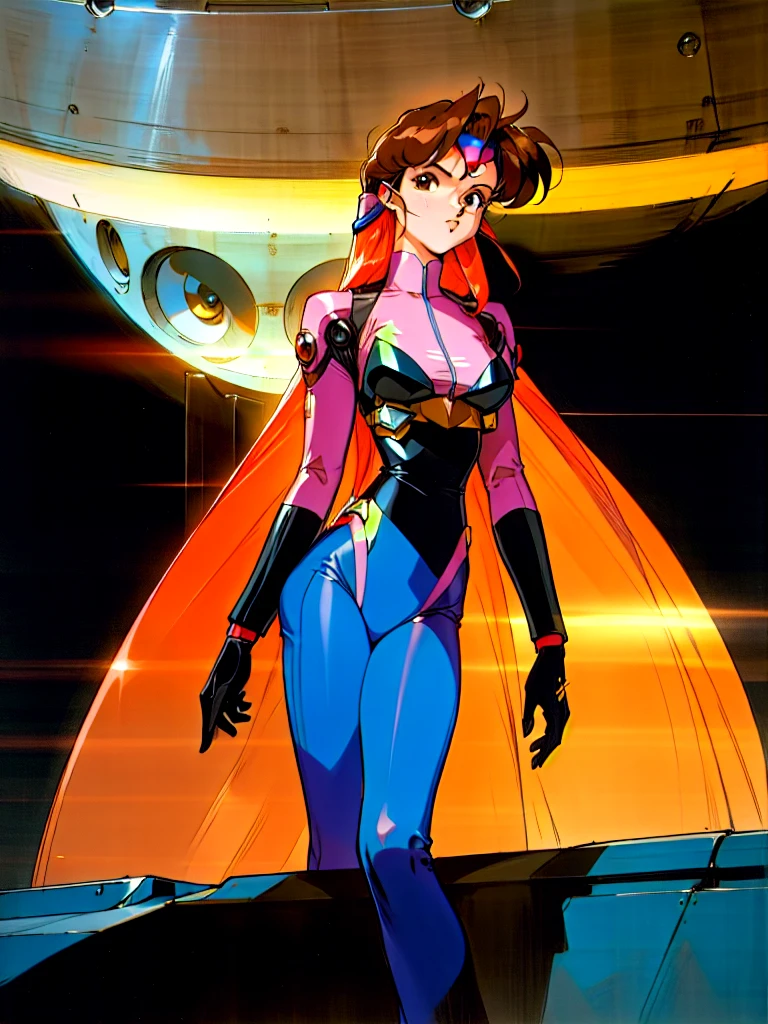 Kenichi Sonoda, retro art-style, 90s Japanese Anime Style, "bubblegum crisis", Sci-fi, Cyberpunk, Neon, Dystopia, (In the neon-drenched skyline of Mega Tokyo's towering skyscrapers, Priss, a stunning 20-year-old anime beauty, stands solo on the spire of a gleaming high-rise, bathed in the radiant glow of the full moon. Her striking features are accentuated by her dark blue metal hard suit adorned with vibrant orange lines, inspired by Syd Mead's industrial mechanic design. Her brown medium-length hair frames her sharp-eyed gaze, as she smizes confidently at the viewer. With fearless determination etched on her face, Priss stands tall on tiptoes, her entire being exuding an aura of cool and stylish elegance. The smooth curves of her shadow cast against the lunar backlight create a mesmerizing silhouette, showcasing her unparalleled beauty under the watchful eye of the city's towering skyscrapers.), The main character, "Priss", 1girl, solo, 20yo, anime beauty,(masterpiece, incredibly absurd resolution, absolutely resolution, ultra high resolution, professional, vivid colors, perfect anatomy, ideal facial features, beautiful detailed face, ideally proportioned figure, perfectly beautiful body),
