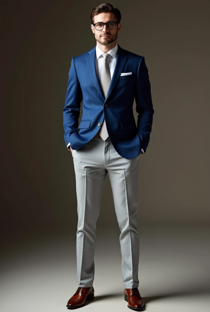 a light grey suit pants, with a blue jacket