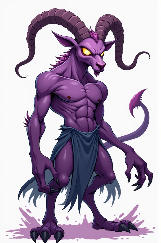 A 2D cartoon jinn with the head of a goat, featuring large, curved horns and intense, glowing eyes. The body is dark lilac, with muscular arms and legs, and thick, prominent outlines to emphasize its form. The jinn's sharp claws and tattered, ghostly garments flow around its body, adding to its menacing look. The overall design is simple yet bold, making it easy to sketch and perfect for animation."