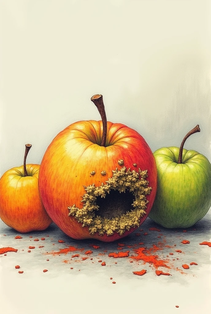 Drawing of a fruit infected with mold moving away from healthy fruits so as not to infect them with the disease
