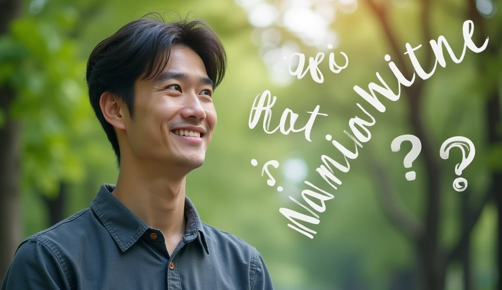 A young Japanese man is smiling and thinking of an idea, Words floating in the air,Explain why you chose statistics as your major,Excited, Photo of your face, For work, With a lush park in the background, with a natural look, With a slightly tired look, tilt your face a little, Diagonal orientation, Average face