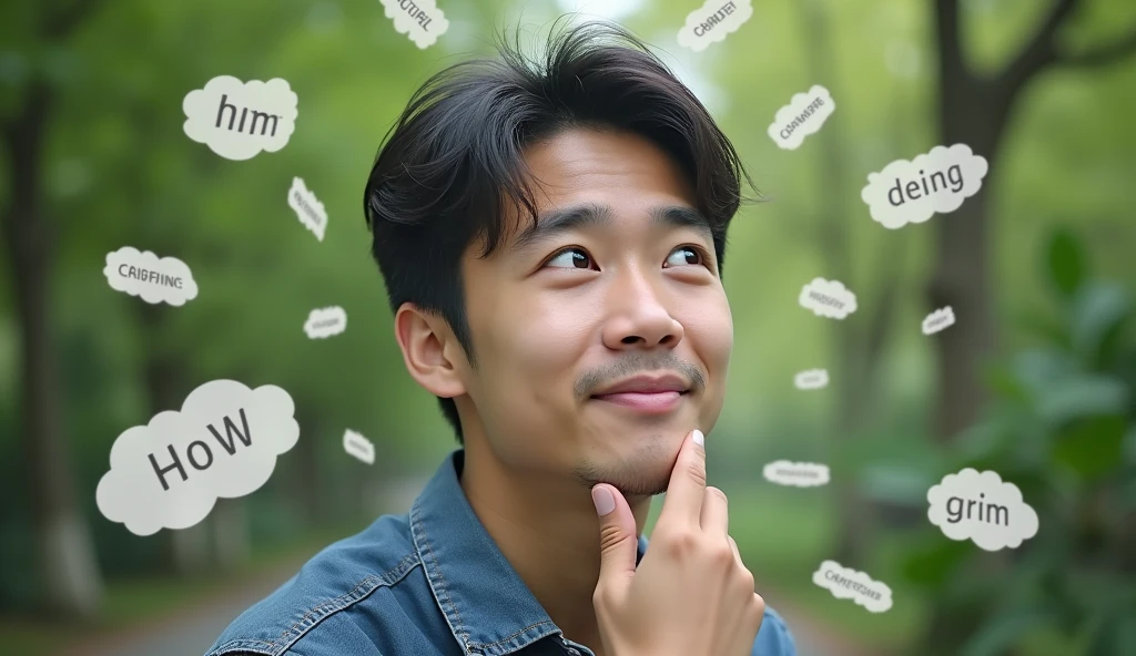 A young Japanese man is smiling and thinking of an idea, Words floating in the air,Explain why you chose statistics as your major,Excited, Photo of your face, For work, With a lush park in the background, with a natural look, With a slightly tired look, tilt your face a little, Diagonal orientation, Average face
