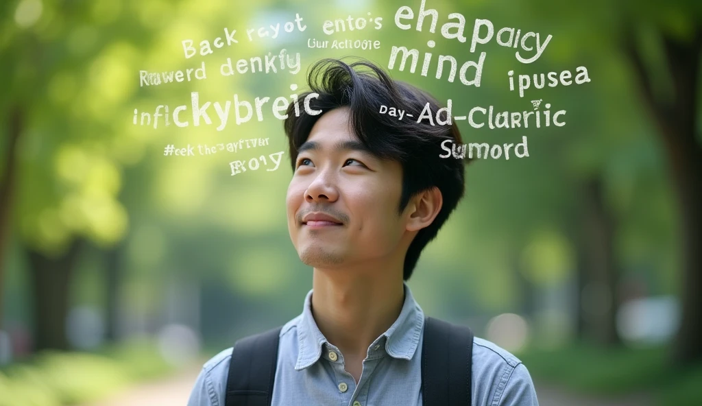 A young Japanese man is smiling and thinking of an idea, Words floating in the air,Explain why you chose statistics as your major,Excited, Photo of your face, For work, With a lush park in the background, with a natural look, With a slightly tired look, tilt your face a little, Diagonal orientation, Average face