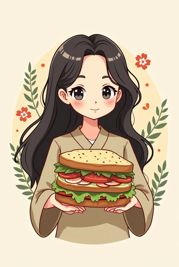 Small cartoon style logo of a long-haired Japanese woman holding a natural sandwich with one hand