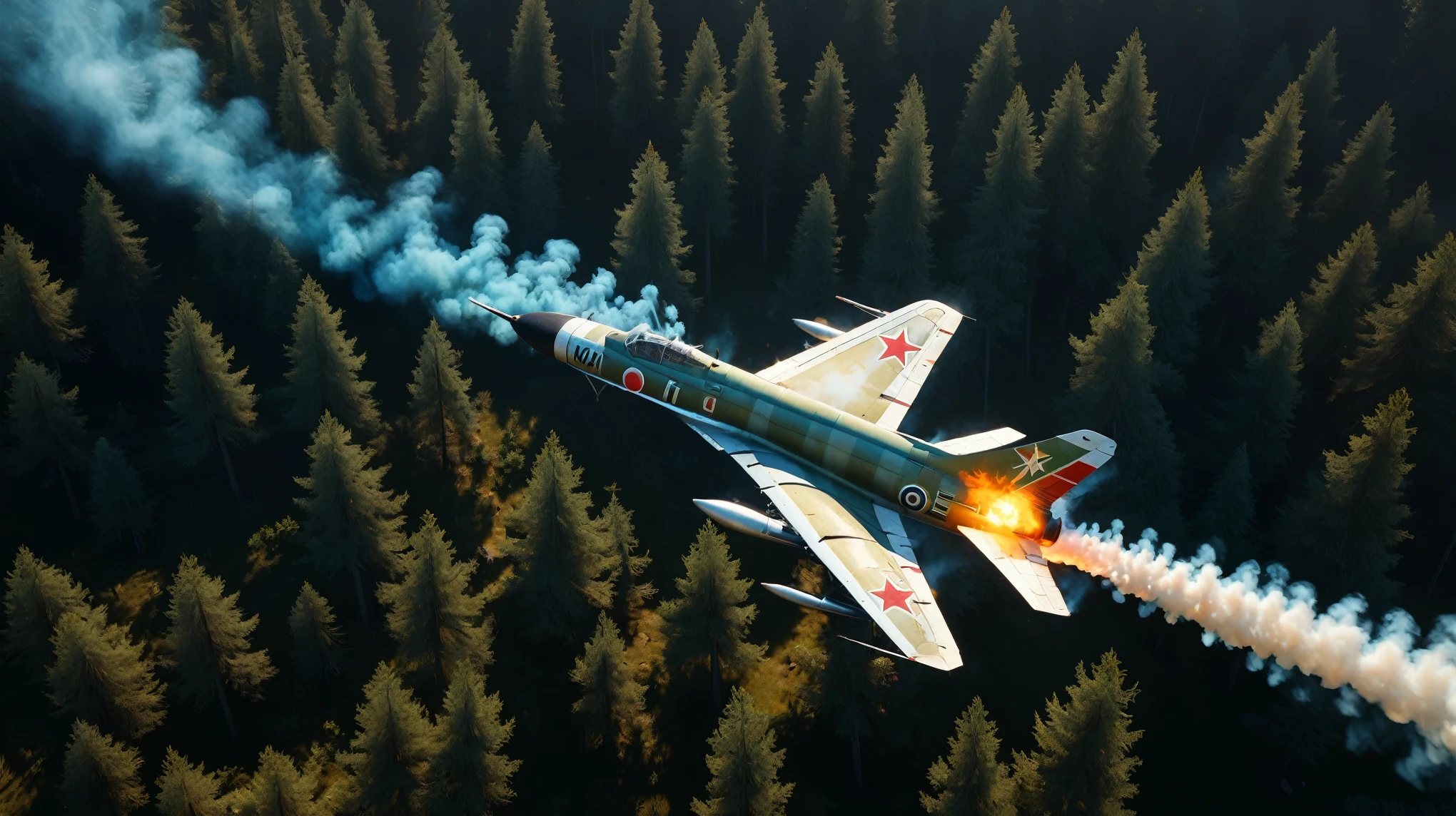 a mig-21 fighter jet, view from above, flying (high) over lush pine forest, morning, burning tail, plane on fire, 1960s, high altitude, engine fire, engine smoke, engine damage, fuselage damage, hyperrealistic, photorealistic, 8k, ultra-detailed, cinematic lighting, dramatic, highly detailed aircraft, realistic smoke and flames, intricate details, vibrant colors, beautiful landscape, realistic textures, volumetric lighting