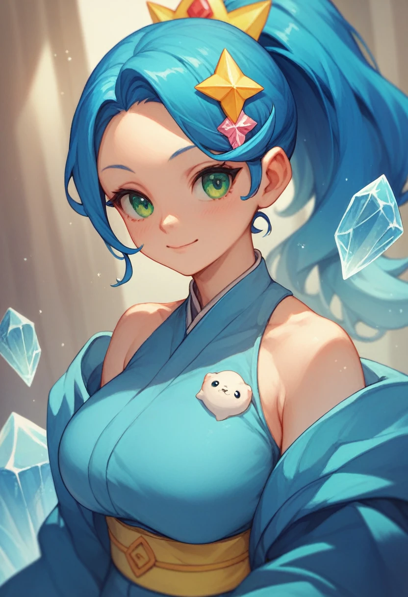 Score9,score8,score7,Princess Fubuki,Yokai Watch,small,Blue Hair,Bright blue kimono,Ice Crystal Hairpin,Cute Face,Yellow belt,Green Eyes,ponytail,large breasts, Visible valley,