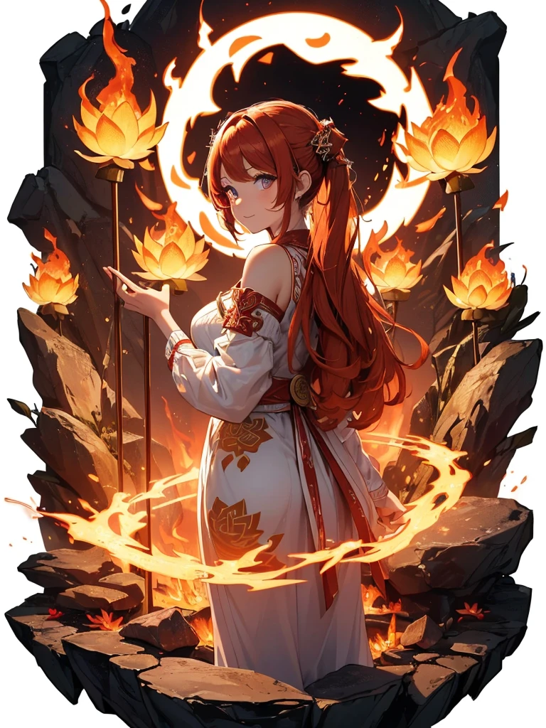 (((best quality, sharp image, clear image, cinematic lighting, 8k resolution, masterpiece, ultra detailed, intricate))) Girl, (((looking over shoulder))), shot from behind, shot from the waist, fire mage, cute, fiery red hair, pigtails in hair, (intricate dress), (white dress), ribbons in hair, smiling, fiery red, ((intricate Portal background)), ((fire magic)), candles, ((glowing runes on skin)), (flame patterns), ((fiery lotus flowers)), busy background., ((fire sigils)), (rock formations)