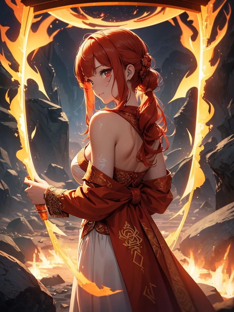 (((best quality, sharp image, clear image, cinematic lighting, 8k resolution, masterpiece, ultra detailed, intricate))) Girl, (((looking over shoulder))), shot from behind, shot from the waist, fire mage, cute, fiery red hair, pigtails in hair, (intricate dress), (white dress), ribbons in hair, smiling, fiery red, ((intricate Portal background)), ((fire magic)), candles, ((glowing runes on skin)), (flame patterns), ((fiery lotus flowers)), busy background., ((fire sigils)), (rock formations)