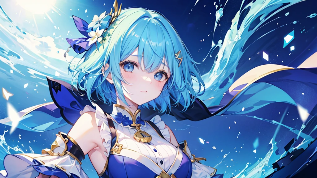 Idol girl with short blue hair。His face is shining。